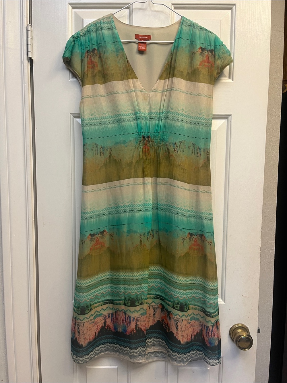 Sundance Aqua and Olive Silk V-Neck Midi Dress 4 NWOT